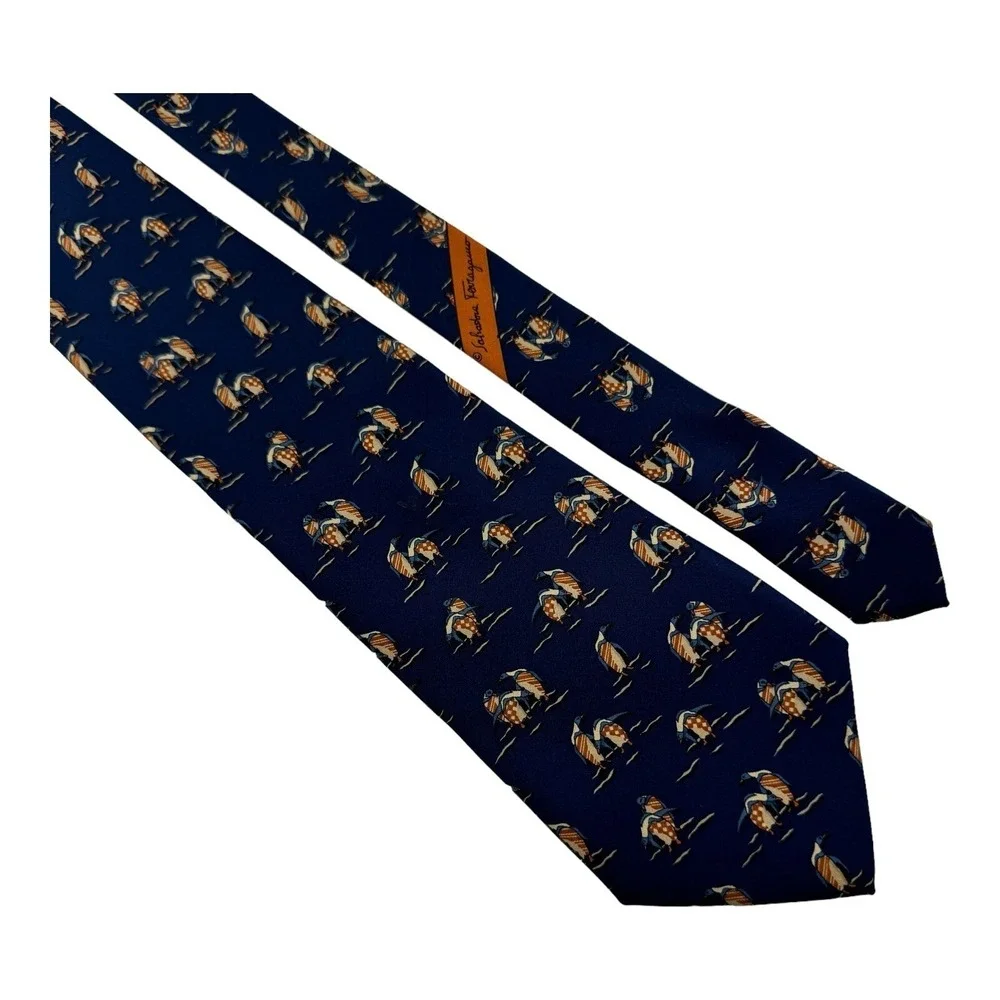 Salvatore Ferragamo Blue‎ w/ Orange Penguin Print Silk Neck Tie Size 3.5